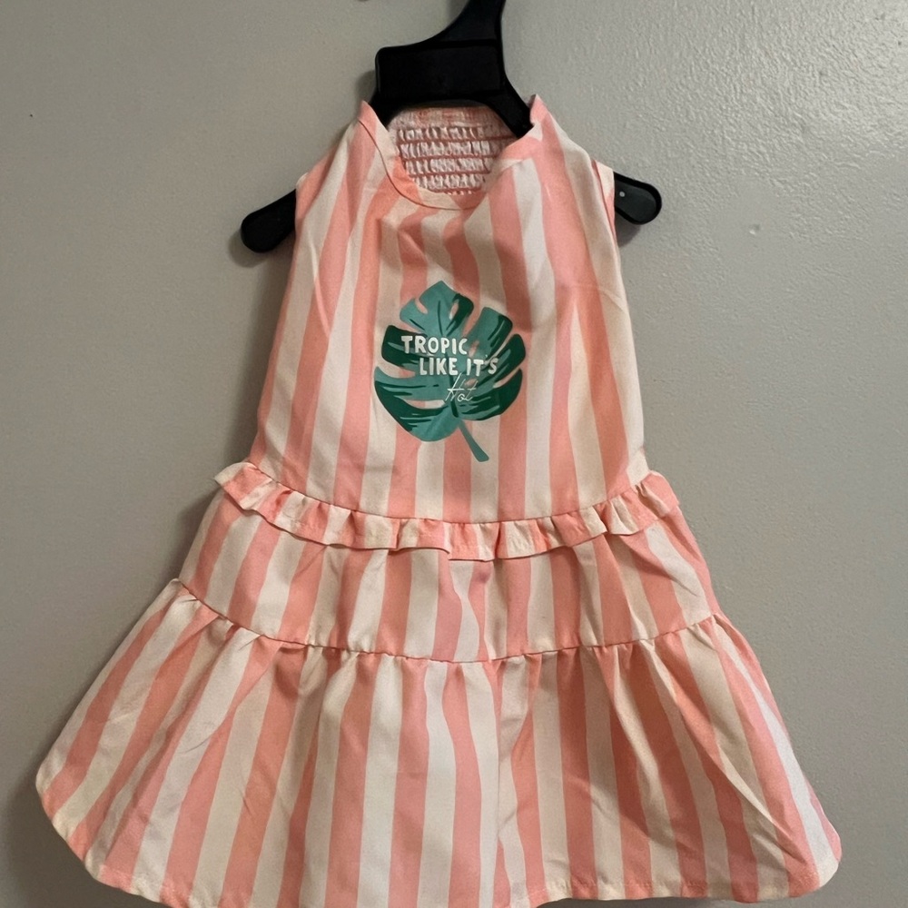 Pink and White Striped Dog Dress with Tropical Print